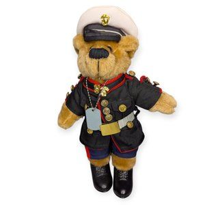 US Marines Small Dress Blue Teddy Bear with Blank Dog Tag 10" Tall